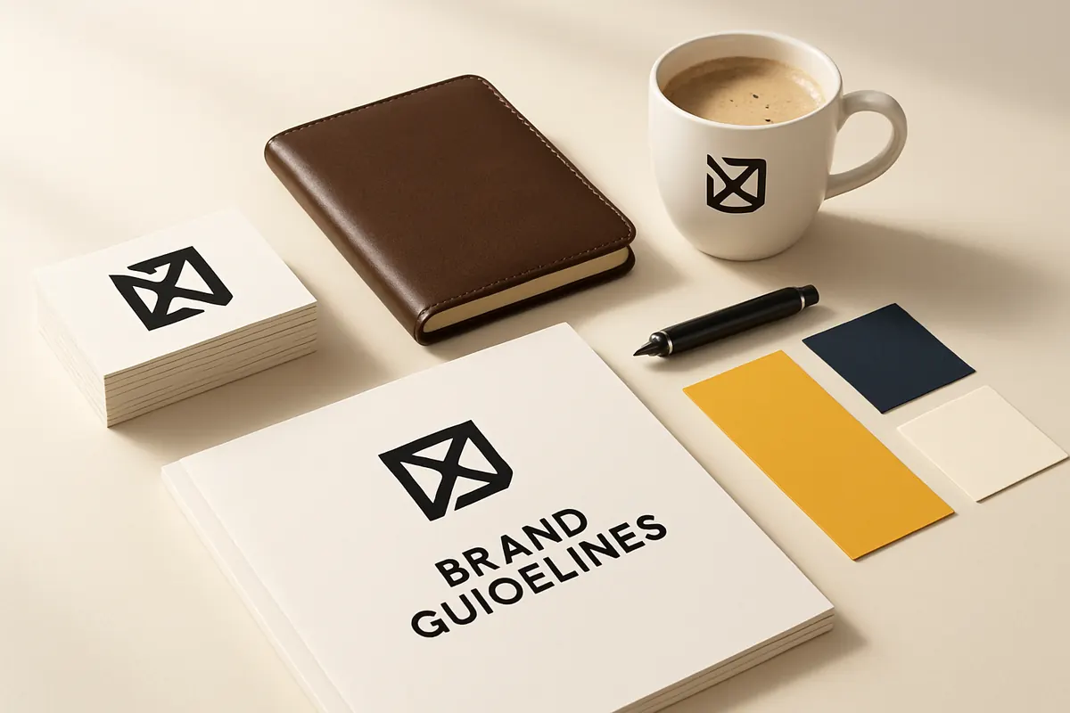 A complete brand identity set: business cards, guidelines book, swatches and stationery